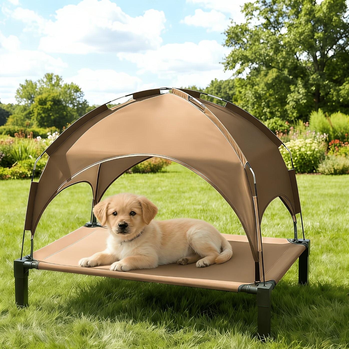 Elevated Dog Bed with Removable Canopy Shade Tent – Portable Raised Outdoor Cooling Pet Cot for Dogs & Cats, Breathable Mesh, Lightweight Foldable Design for Camping, Yard & Patio