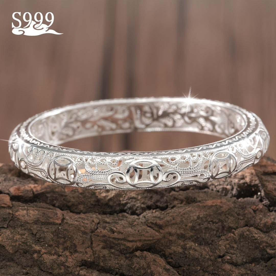 S999 Pure Silver Bangle Bracelet for Women – Solid Closed-End Cuff, High-Purity Fine Silver Jewelry, Elegant Shining Fashion Accessory, Perfect Birthday & Anniversary Gift for Her