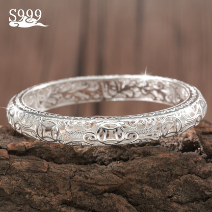 S999 Pure Silver Bangle Bracelet for Women – Solid Closed-End Cuff, High-Purity Fine Silver Jewelry, Elegant Shining Fashion Accessory, Perfect Birthday & Anniversary Gift for Her