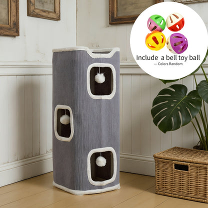 Foldable Multi-Level Cat Tree Tower for Indoor Cats - Scratch-Resistant Cat House with Cozy Top Bed Hideaway and Bell Balls, 1 to 3 Layers Cat Furniture for Climbing Playing and Resting