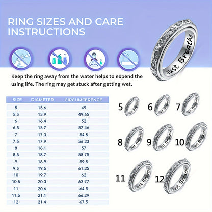 S925 Sterling Silver Lotus Flower Spinner Anxiety Ring – Just Breathe Oxidized Fidget Band for Stress Relief ADHD Autism Yoga, Unisex Worry Ring Sizes 8-12 Gift for Women Men