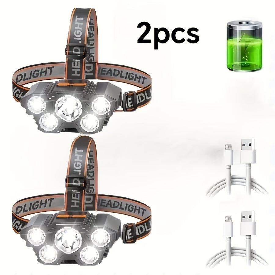 2-Pack LED Headlamp USB Rechargeable – 5 LED, Lithium Battery, IPX3 Waterproof, 4 Lighting Modes, ABS Matte Finish – Camping, Hiking, Fishing & Emergency Headlight