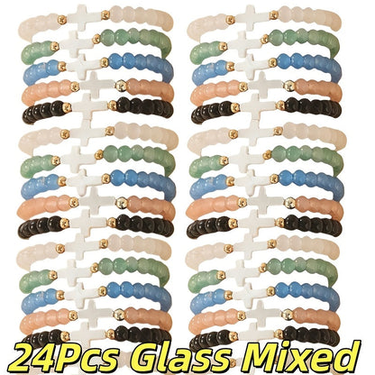 24pc Bohemian Cross Charm Bracelet Set – Colorful Elastic Stretch Bands with Resin & Glass Cross Charms, Bulk Pack for Daily Wear, Vacation, Parties & Holiday Gifting