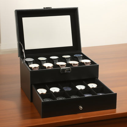 20 Slot Watch Box Organizer Double Layer with Solid Glass Cover Velvet Pillow Lining Watch Display Case for Collection and Storage Men Women Watch Collector Gift in Brown Black and Gray