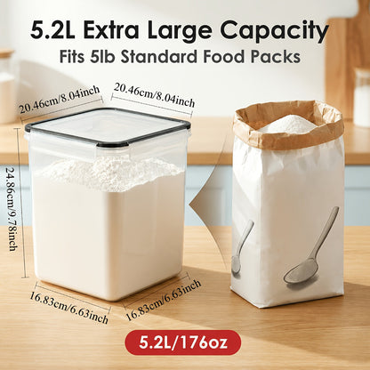 4-Pack Large Airtight Food Storage Containers with Lids – 176oz BPA-Free Plastic Canisters for Flour, Sugar, Rice & Baking Supplies – Includes Measuring Cups & 24 Labels, Black