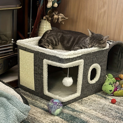 Foldable 2-Tier Cat House with Scratching Post, Plush Hanging Ball & Tunnel – Indoor Cat Cube Bed, Nylon Frame Canvas Construction, Space-Saving 16.5x16.5x13 Inch Design for Small Spaces