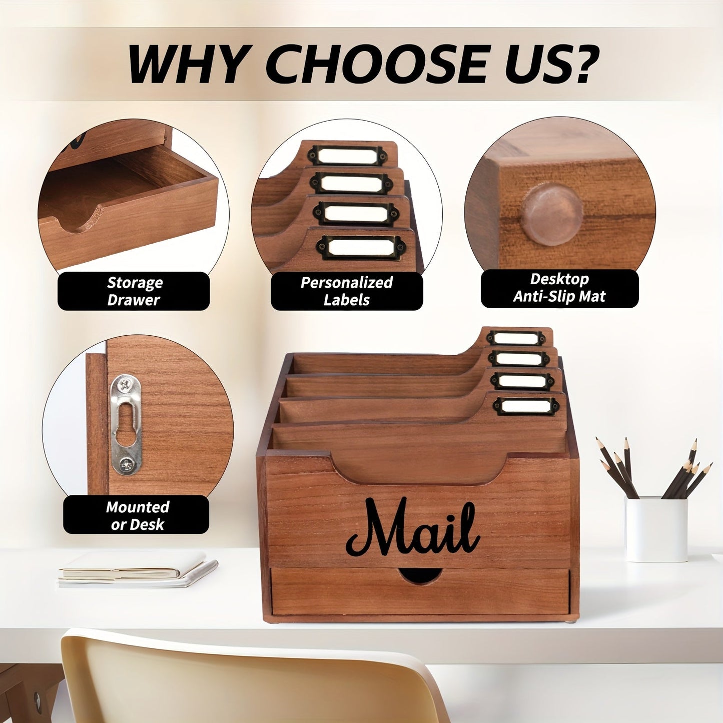 Large Solid Wood Desktop Mail Organizer with Drawer and 4 Compartments Labelable Dividers for Files Letters Paper Folders Desk Organizer for Home Office Students and Professionals