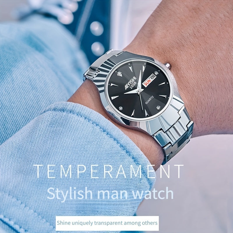 Men's Luminous Quartz Business Watch with Dual Date Calendar – Elegant Zinc Alloy Case, Simple Trend Design, Dress & Casual Wear