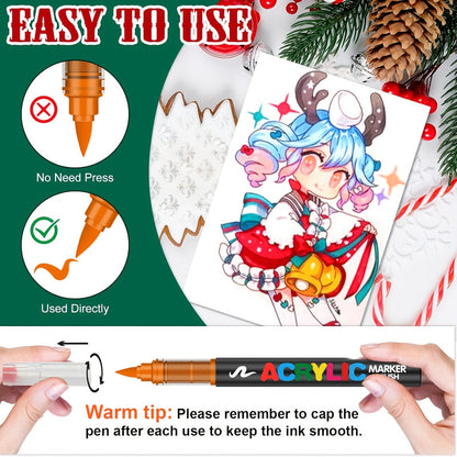 Acrylic Paint Markers Brush Tip Waterproof Quick-Drying Paint Pens for Rock Painting Wood Canvas Glass Ceramic Metal 12 to 168 Colors Art Craft Supplies Gift