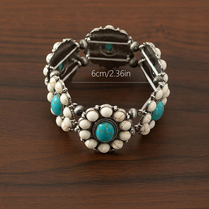 Boho Turquoise Beaded Stretch Bracelet for Women – Vintage Bohemian Elastic Zinc Alloy Wristband, Casual Everyday Jewelry & Perfect Gift for Her