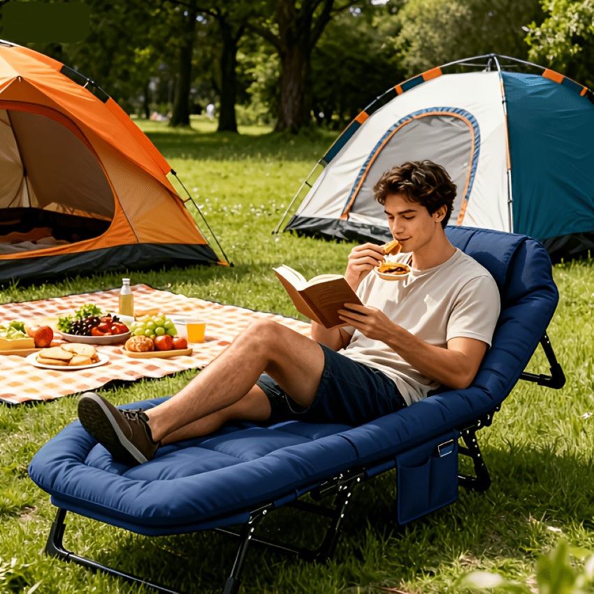 XL Camping Cot with Built-In Headrest & Removable Mattress – 71" Portable Folding Bed, Heavy Duty Frame for Adults – for Camping, Guest Bed, Travel & Picnic