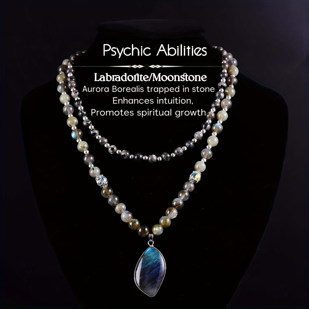 Labradorite & Moonstone Double Pendant Necklace Set 2pcs – Natural Stone Bohemian Jewelry with Aurora Borealis Effect, Spiritual Gift for Women, Teens, Mothers Day & Christmas