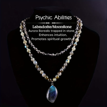 Labradorite & Moonstone Double Pendant Necklace Set 2pcs – Natural Stone Bohemian Jewelry with Aurora Borealis Effect, Spiritual Gift for Women, Teens, Mothers Day & Christmas