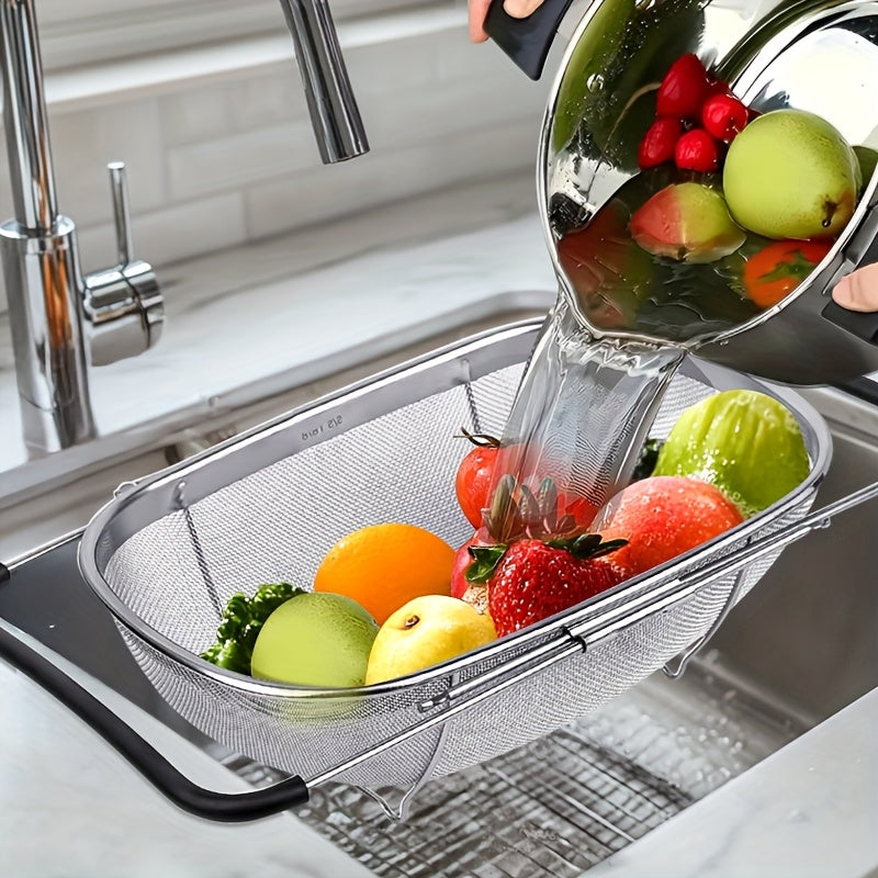 Expandable Stainless Steel Colander Strainer – Fine Mesh Drain Basket for Vegetables Fruits Pasta, Food-Safe Kitchen Essentials, Adjustable Size, Easy Storage
