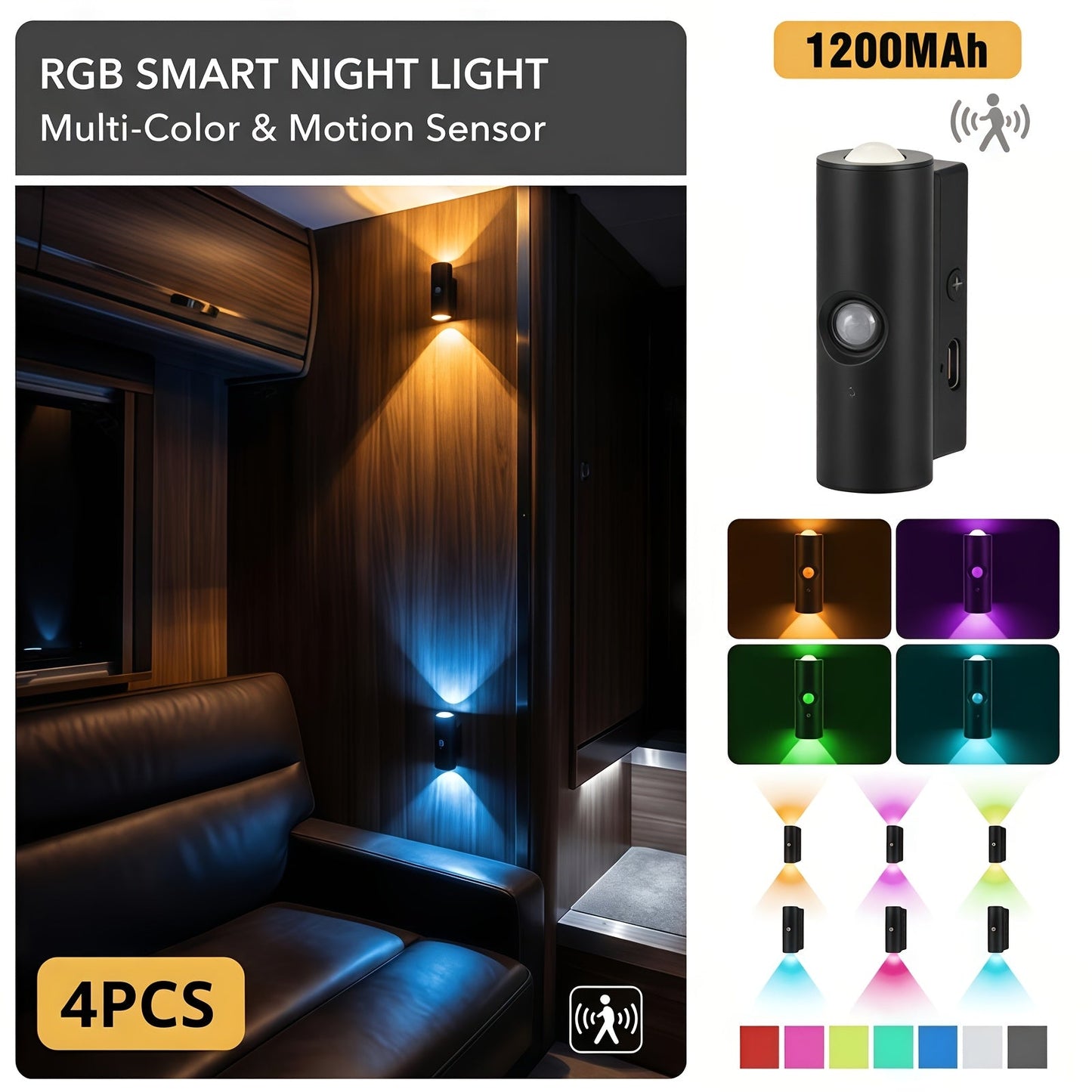 Motion Sensor Wall Lights 4-Pack – Rechargeable Wireless Magnetic LED Night Light, Dual Head, RGB 3 Colors, for Bedroom, Stairs, Cabinet, Closet & RV Interior | Velora