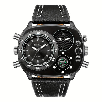 Men's Dual Time Zone Big Dial Quartz Watch – Faux Leather Strap, Luminous Hands, Stainless Steel Case, Casual Sports Wristwatch for Men, Perfect Gift