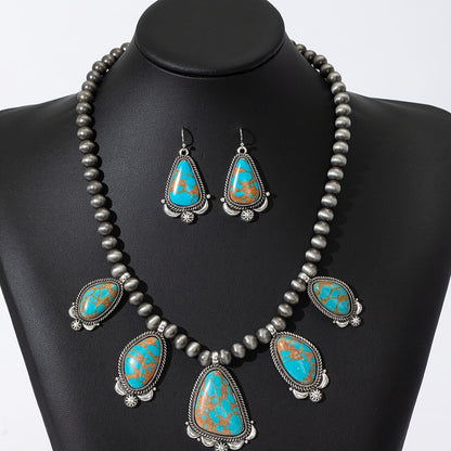 Vintage Boho Turquoise & Orange Beadwork Earrings Necklace Set Women Ethnic Zinc Alloy Jewelry for Everyday Holiday & Gift