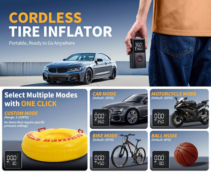 Cordless Tire Inflator 150PSI | 3X Fast Inflation, 3500mAh USB Rechargeable, Digital Gauge, LED Light & Auto Shut-Off – Portable Air Compressor for Cars, SUVs, Bikes, Motorcycles & Sports Balls