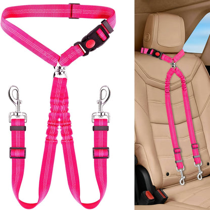 Dual Dog Car Seat Belt for 2 Dogs No-Tangle Headrest Restraint Adjustable Bungee Pet Safety Harness for Small Medium Large Dogs Car Travel