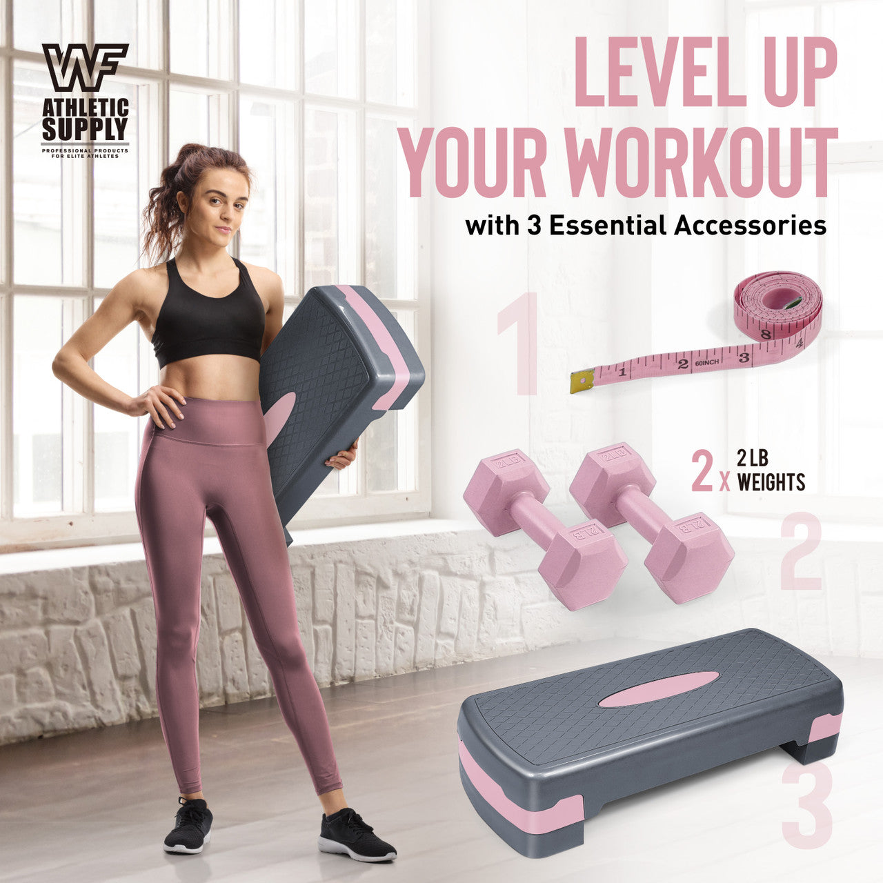Adjustable Height Aerobic Stepper Set with 2 Dumbbells & Measuring Tape – Non-Slip Exercise Step Platform, 4"-6" Level Risers, 550 LB Capacity, Home Gym Workout – Pink Grey, Blue & Green