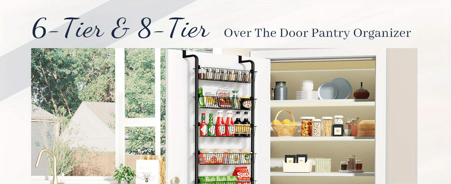 Over The Door Pantry Organizer 8-Tier & 6-Tier Metal Hanging Spice Rack – Back of Door Kitchen Storage for Pantry, Laundry & Bathroom – Versatile Seasoning Rack in Black & White