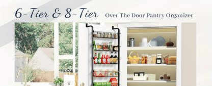 Over The Door Pantry Organizer 8-Tier & 6-Tier Metal Hanging Spice Rack – Back of Door Kitchen Storage for Pantry, Laundry & Bathroom – Versatile Seasoning Rack in Black & White