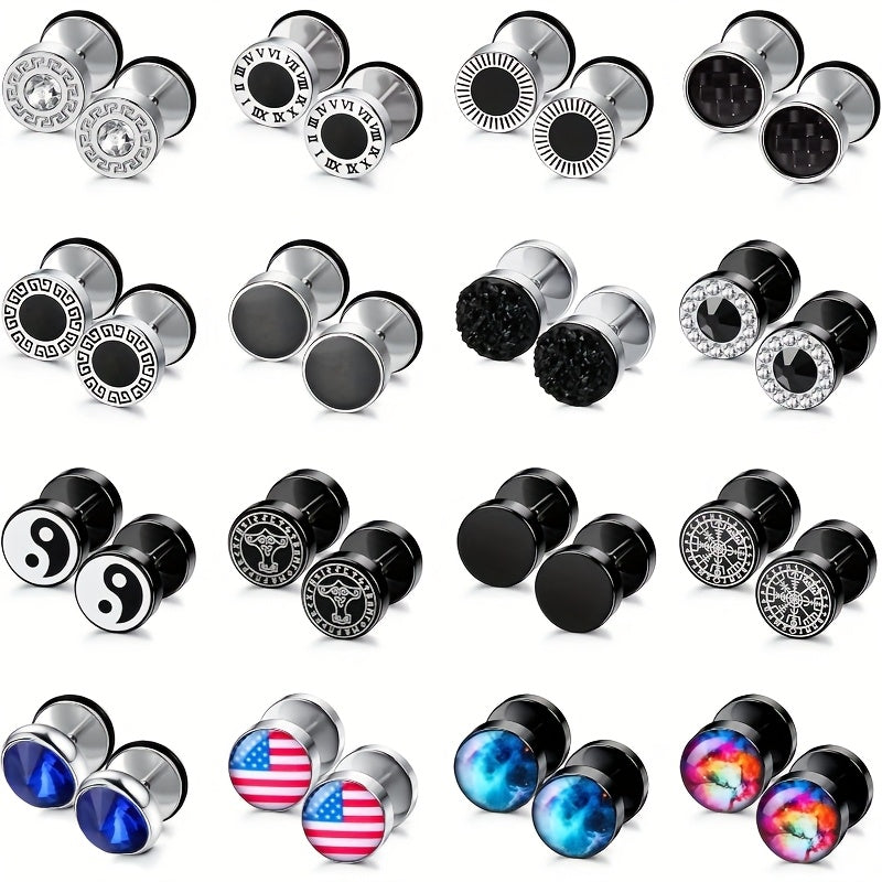 16-Pair Fake Gauge Stud Earrings for Men & Women – 316L Stainless Steel Faux Plug Screw Barbell Ear Studs, 8mm Black & Silver Assorted Styles, Hypoallergenic Earring Set Gift