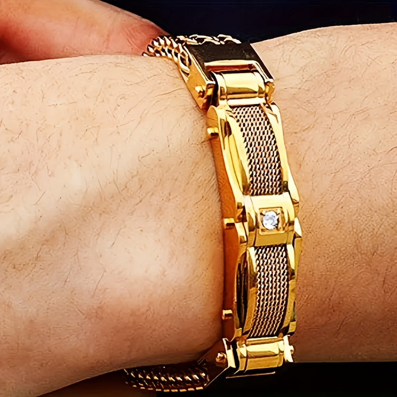 Men's Stainless Steel Hip Hop Motorcycle Chain Bracelet Punk Rock Magnetic Clasp Synthetic Gems Biker Jewelry for Nightclub Party Wedding