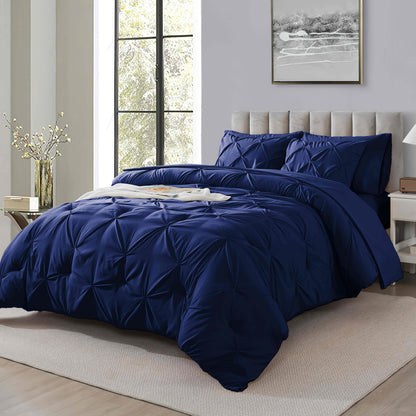 Comforter Set 7 Piece Queen King Full - Soft Microfiber Pintuck Pleated Bed in a Bag Complete Bedding Set with Comforter, Fitted Sheet, Flat Sheet & Pillowcases, All Season Home & Dorm Bedding