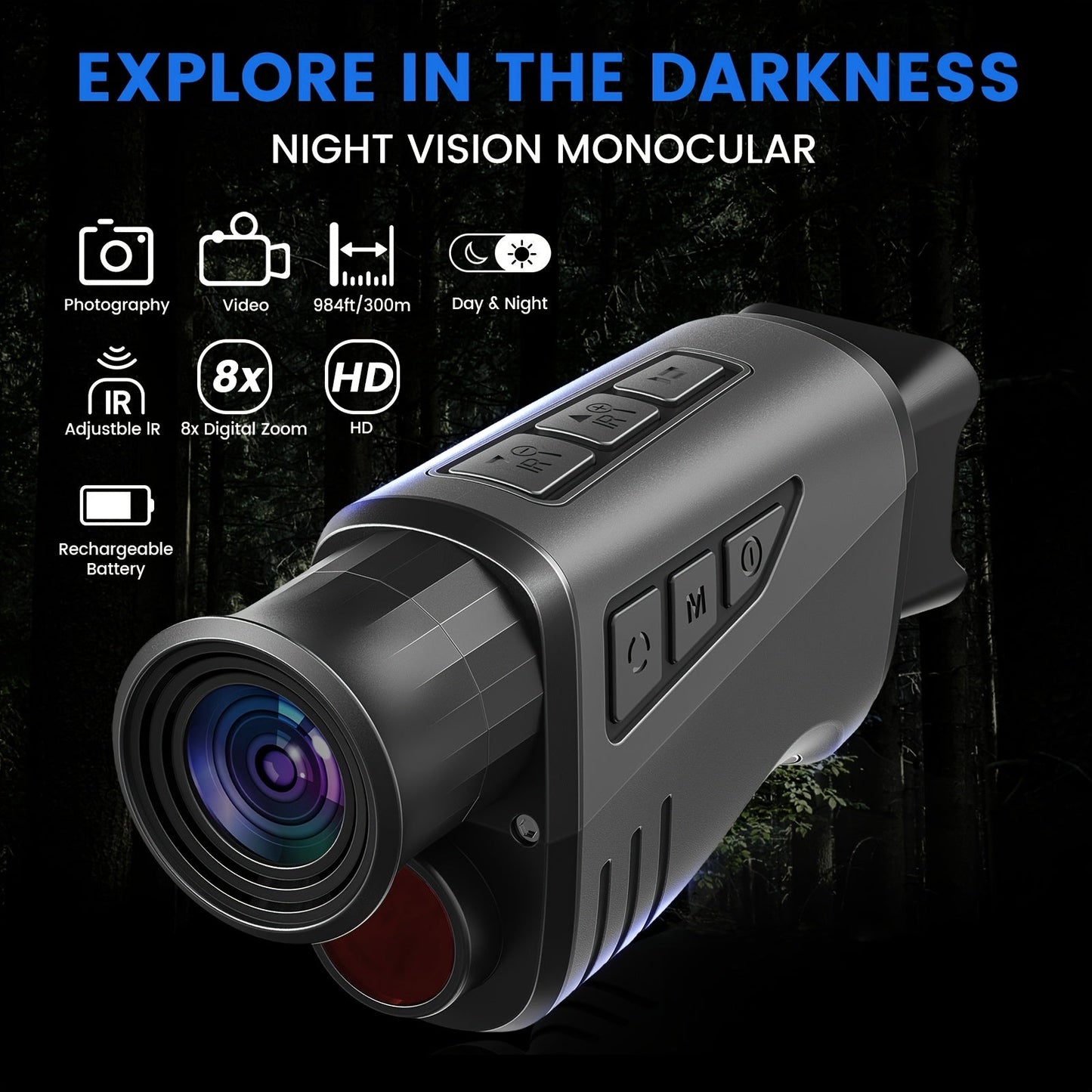Night Vision Monocular 16x Digital Zoom Infrared - 1.54" HD Display Screen, 32GB Memory Card Included, Portable Night Vision Device for Hunting, Camping, Wildlife Observation & Outdoor Adventure