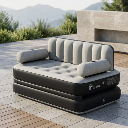 Inflatable Air Sofa Bed 2-in-1 Queen Size – Portable Blow Up Couch & Airbed with Headboard, Cup Holders, External Pump & Storage Bag, 440 lb Capacity for Home, Camping & Guests