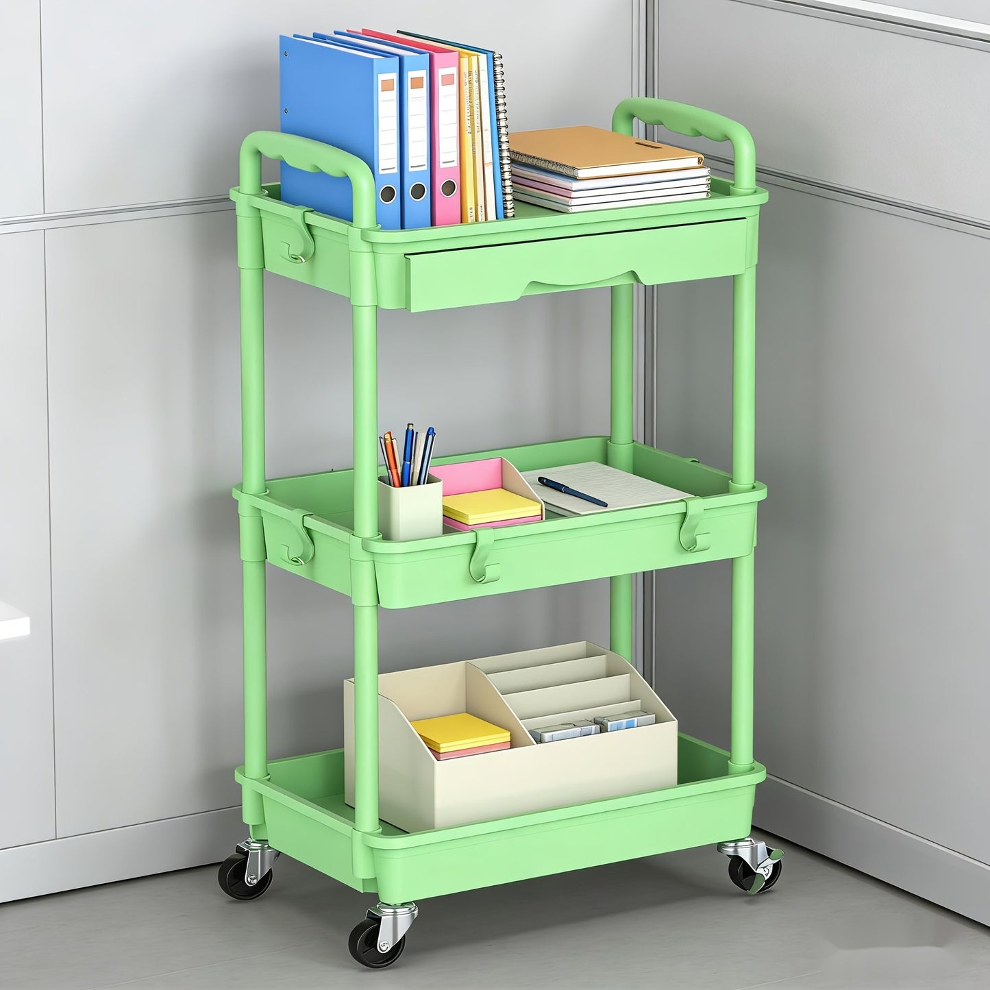 Rolling Storage Cart 3-Tier & 4-Tier with Drawer & Lockable Wheels Multifunctional Plastic Shelf Organizer for Kitchen Bathroom Living Room Office – 7 Colors