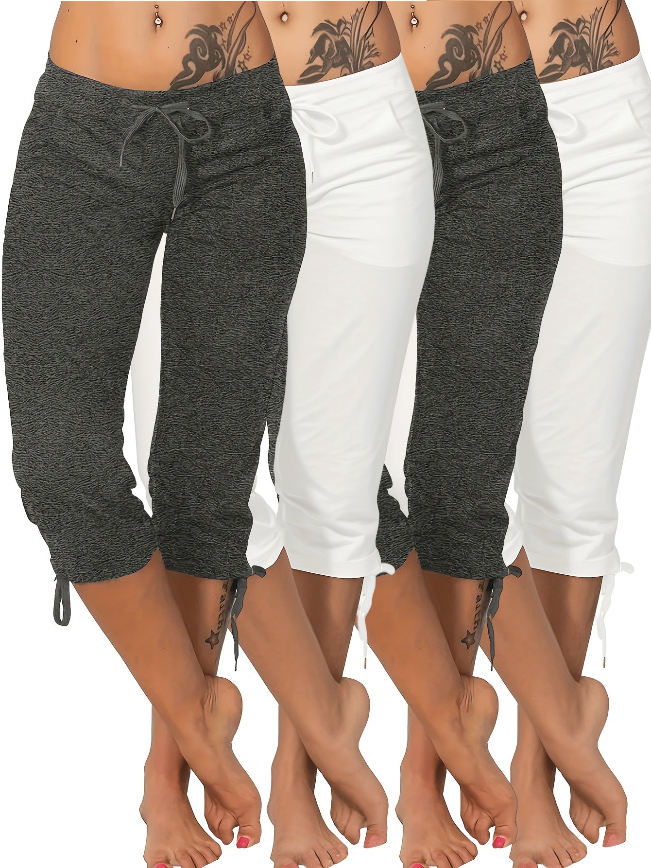 Women's Lightweight Cropped Trousers 4-Pack – Drawstring Waist Loose Fit Capri Pants, Casual Breathable Summer Bottoms for Women, Sizes S-XXL, Multiple Color Sets