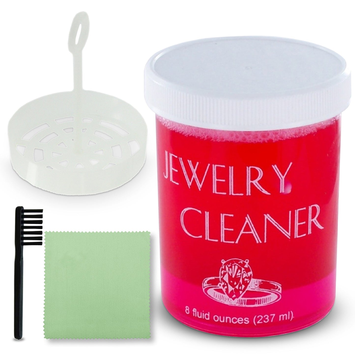Jewelry Cleaner 8 fl oz for Gold, Silver & Platinum – Fast-Acting Dip Formula, Includes Strainer Basket, Cleaning Brush & Microfiber Cloth – Safe for Stones & Pearls