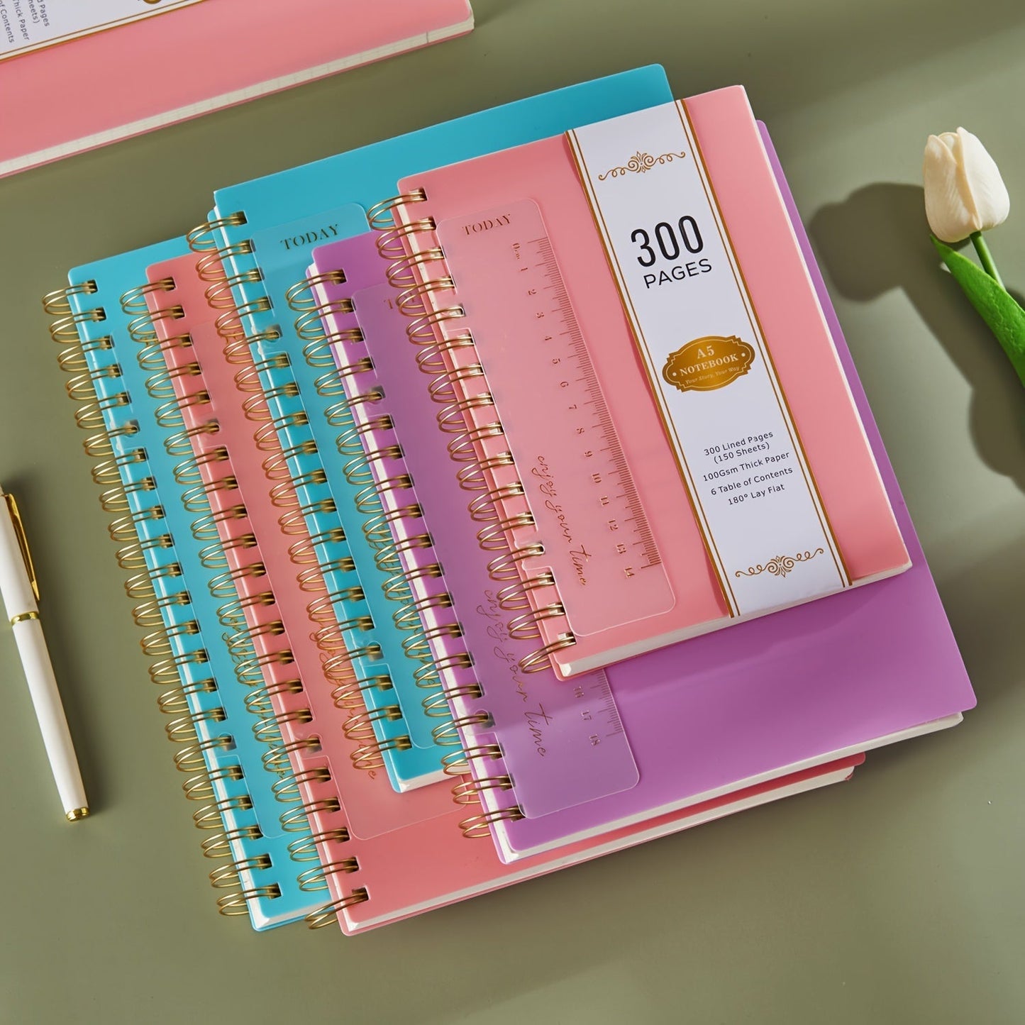 Spiral Notebook 3 Pack A5 Hardcover College Ruled Journal Set, 300 Pages 100GSM Thick Paper, PVC Cover Notepad for Women Girls Students, 5.7" x 8.4" with Ruler