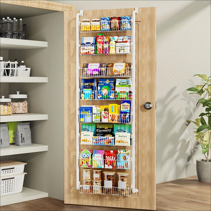 Over the Door Pantry Organizer 6 or 8 Shelf - Heavy-Duty Metal Hanging Storage Rack for Kitchen, Bathroom & Laundry Room, Space-Saving Spice & Food Organizer, Black or White