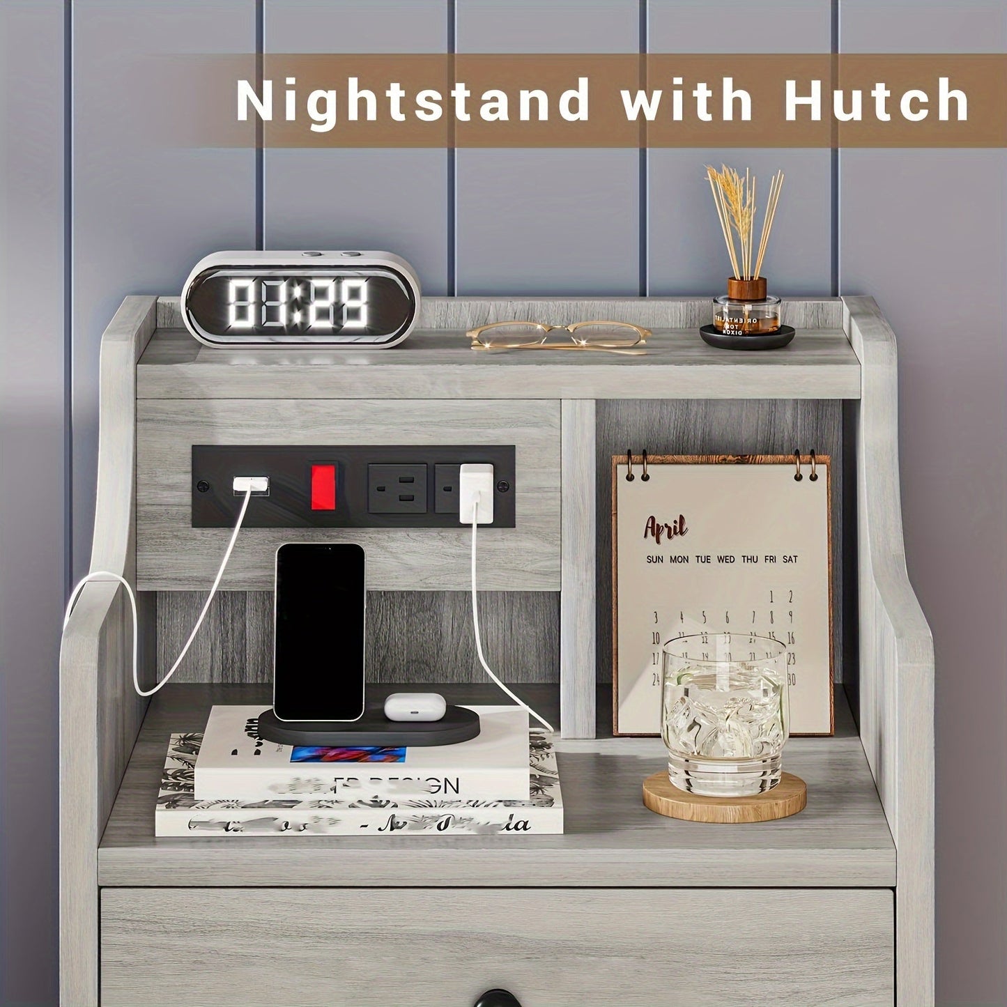 Nightstand with Charging Station – 2 USB Ports & 2 Outlets, Hutch & 3 Drawers, Bedroom End Table, Sofa Side Table for Living Room & Office, Gray or White
