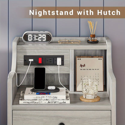 Nightstand with Charging Station – 2 USB Ports & 2 Outlets, Hutch & 3 Drawers, Bedroom End Table, Sofa Side Table for Living Room & Office, Gray or White