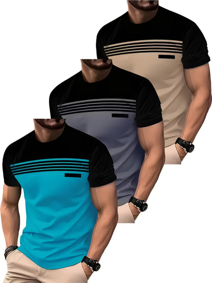 3-Pack Men's Moisture-Wicking Breathable T-Shirts – Vertical Stripe Sleeve Athletic Tees for Gym, Beach, Office & Semi-Formal Wear, Solid Color Round Neck, Machine Washable, Sizes S–XXXL