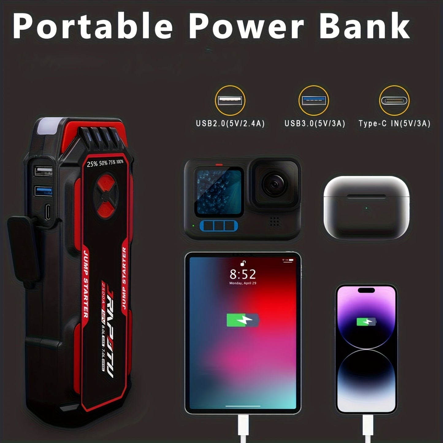 Portable Car Jump Starter 2500A Peak | 8000mAh-10000mAh 12V Battery Booster Pack, Up to 30 Starts, USB Charging Ports & LED Flashlight – Fits Gas 7.0L & Diesel 8.0L Engines, Trucks, SUVs, Motorcycles