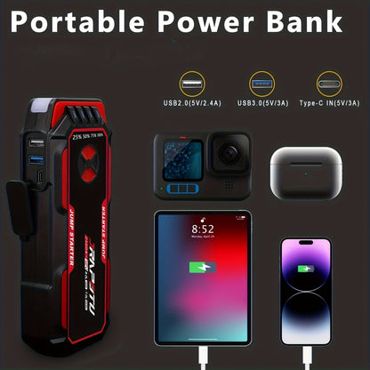 Portable Car Jump Starter 2500A Peak | 8000mAh-10000mAh 12V Battery Booster Pack, Up to 30 Starts, USB Charging Ports & LED Flashlight – Fits Gas 7.0L & Diesel 8.0L Engines, Trucks, SUVs, Motorcycles