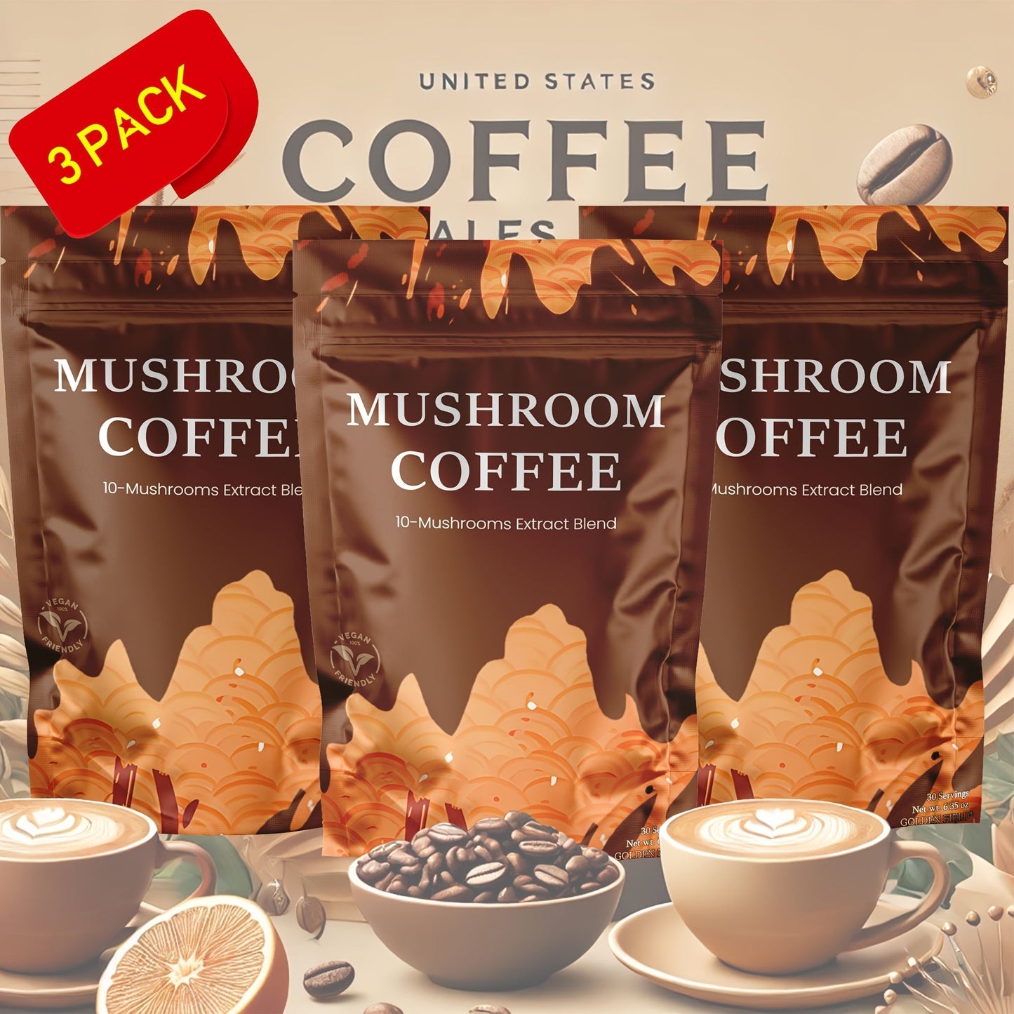 Mushroom Coffee with 10 Adaptogenic Mushrooms & MCT Oil – USA Grown Instant Coffee, Lion's Mane, Turkey Tail, Shiitake, 6.35 oz, Available in 1, 3 & 6 Pack