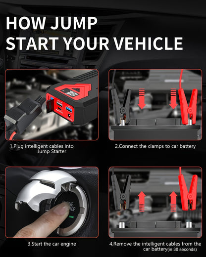 Portable Car Jump Starter Power Pack 1600A–3000A 12V Battery Booster – Compact Emergency Start for Gas & Diesel Engines with USB Charge Ports & LED Flashlight