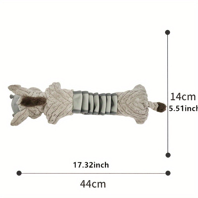 Elastic Stretch Donkey Plush Squeaky Dog Toy – Durable Tug & Chew Toy for Small, Medium & Large Dogs, Textured Spikes, No Batteries Required, Soft Gray & White Animal Design