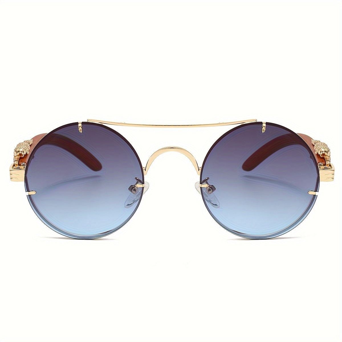 Round Metal Frame Gradient Sunglasses for Men & Women – Luxury Double Bridge, Leopard Detail Hinges, Gradient PC Lenses, Includes Case, Chic Vacation & Street Style Eyewear