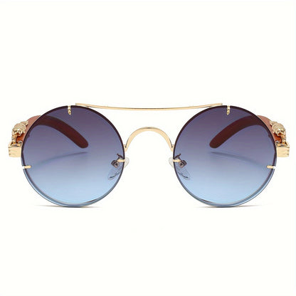 Round Metal Frame Gradient Sunglasses for Men & Women – Luxury Double Bridge, Leopard Detail Hinges, Gradient PC Lenses, Includes Case, Chic Vacation & Street Style Eyewear