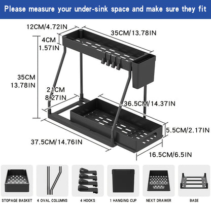 2Pcs Under Sink Organizer with Pull-Out Sliding Shelves – Durable Cabinet Storage Rack for Bathroom & Kitchen, Space-Saving Vertical Under-Sink Organization, Available in Black & White