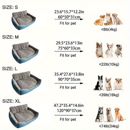 Luxury Plush Pet Sofa Bed with High Backrest – Thick Warm Washable Dog Bed for Large Medium Small Dogs & Cats, All-Season Comfort, Easy-Clean Cover, Sizes S L XL, Grey Blue