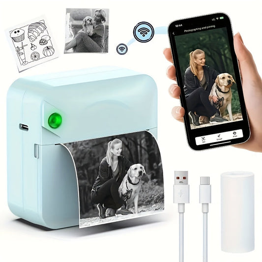 Portable Wireless Bluetooth Thermal Printer Mini Pocket Printer Ink-Free for Smartphones Photos Notes Stickers Diaries Memos Includes Thermal Paper Roll