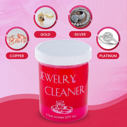 Jewelry Cleaner 8 fl oz for Gold, Silver & Platinum – Fast-Acting Dip Formula, Includes Strainer Basket, Cleaning Brush & Microfiber Cloth – Safe for Stones & Pearls